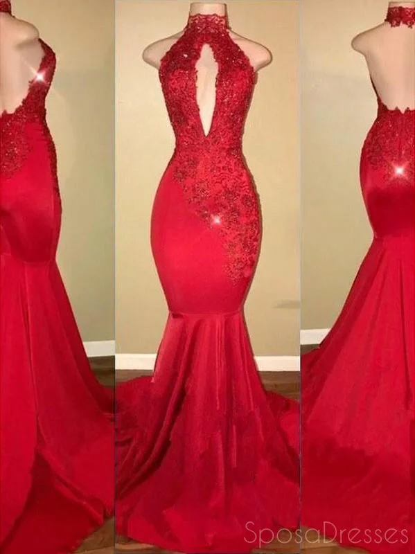 Evening dress with pleats -Sexy Backless Red Halter Mermaid Long Prom Dresses, Sweet 16 Prom Dresses, 12353