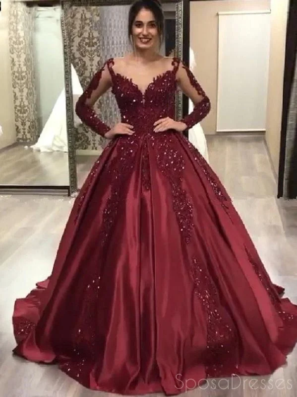 Evening dress with slit -Burgundy Long Sleeves Applique Prom Dresses, Sweet 16 Ball Gown Dresses, 12444