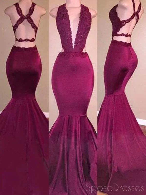 Backless evening dress -Sexy Mermaid Burgundy Cheap Long Prom Dresses, Sweet 16 Prom Dresses, 12357