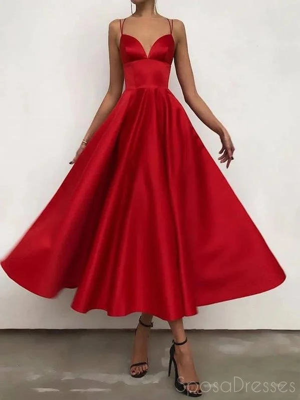 Evening dress for upscale party -Simple A-line V Neck Sleeveless Red Prom Dresses, Sweet 16 Prom Dresses, 12504