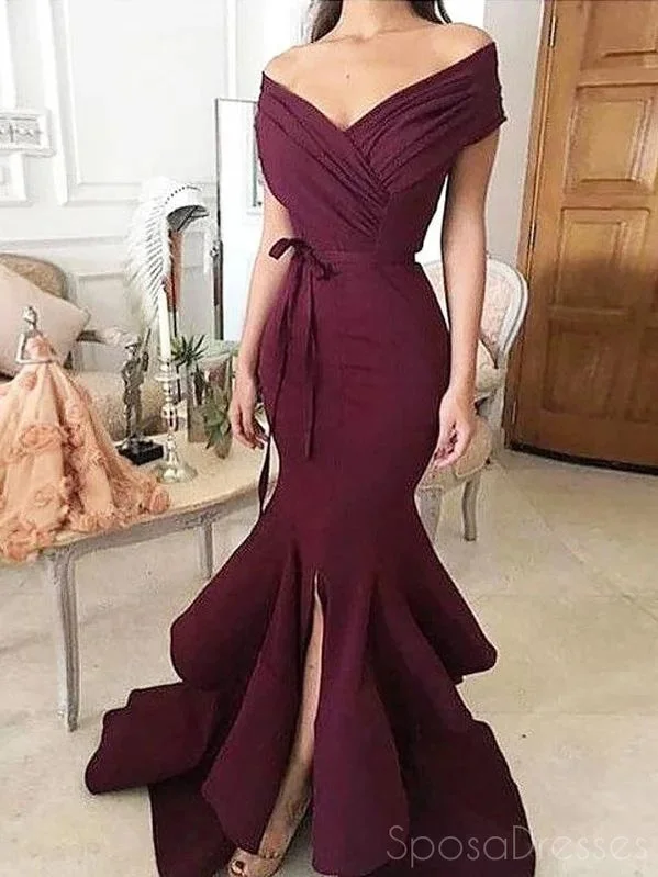 Off-the-shoulder evening dress -Simple Mermaid Burgundy Long Prom Dresses, Sweet 16 Prom Dresses, 12515