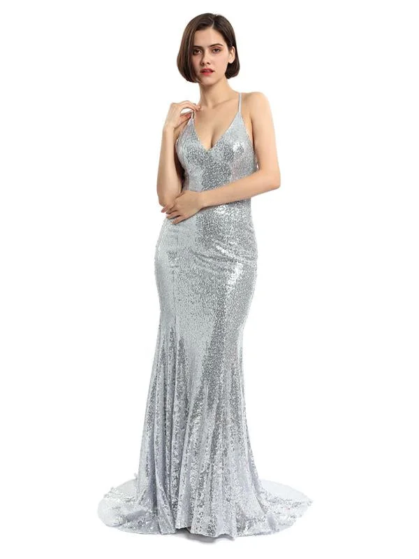 Midi evening dress -Spaghetti Straps Silver Mermaid Long Evening Prom Dresses, Evening Party Prom Dresses, 12214