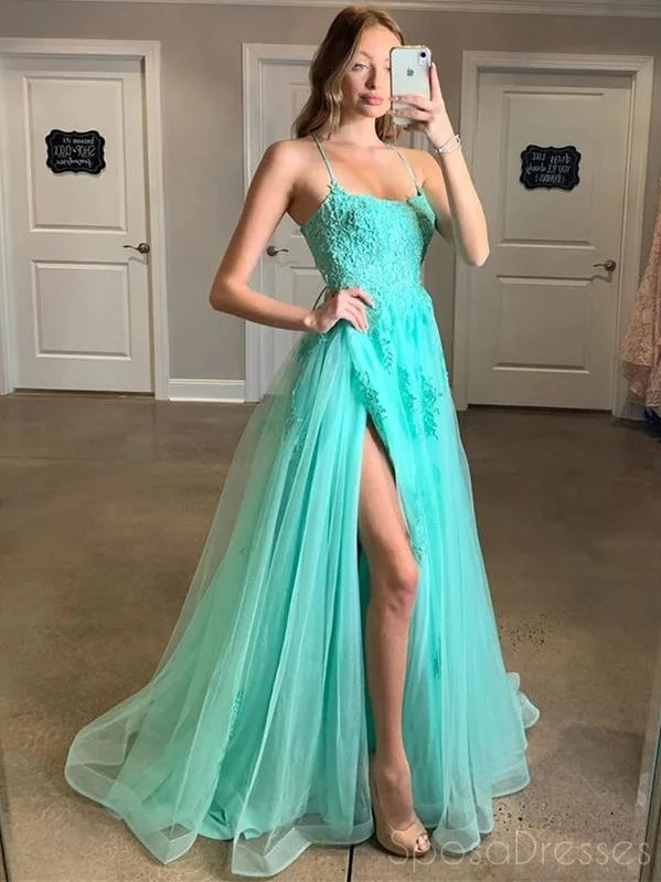 Designer evening dress -Tulle A-line Side Slit Halter Long Prom Dresses, Sweet 16 Prom Dresses, 12488