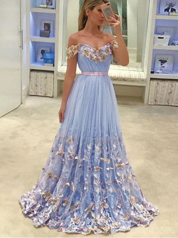 Evening dress with lace-up back -Tulle Off Shoulder A-line Blue Long Prom Dresses, Sweet 16 Prom Dresses, 12384