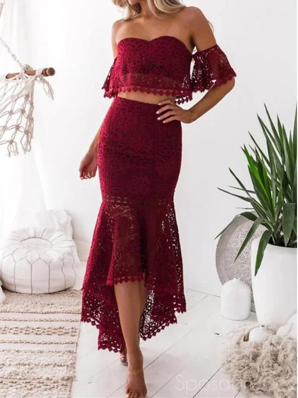 Evening dress for evening wedding -Two Piece Lace Strapless Burgundy Prom Dresses, Sweet 16 Prom Dresses, 12474