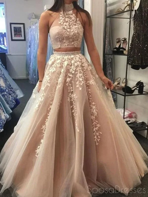 Cocktail evening dress -Two Pieces Applique Sleeveless Long Prom Dresses, Sweet 16 Prom Dresses, 12511