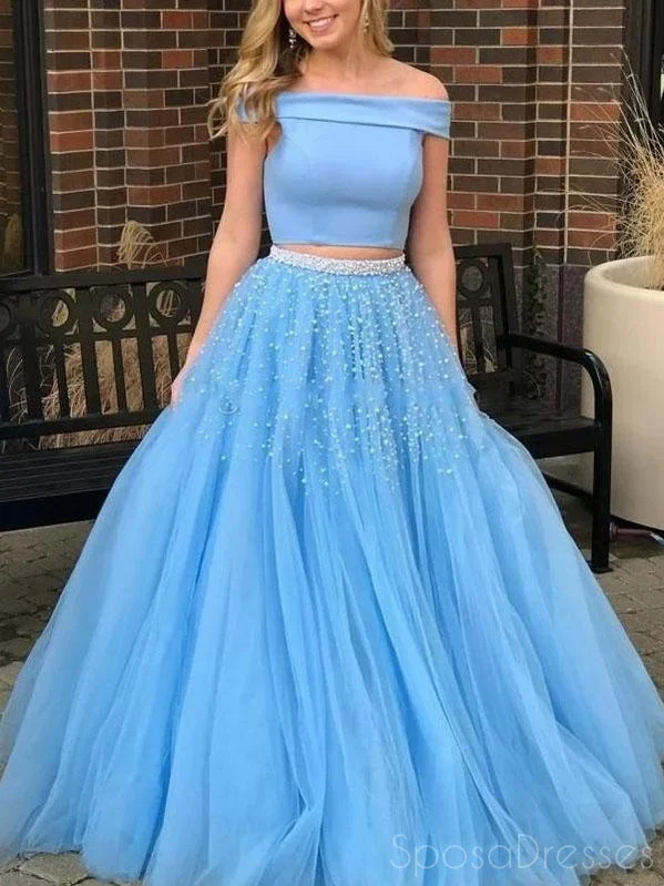 Evening dress with delicate lace trim -Two Pieces Off The Shoulder Blue Long Prom Dresses, Sweet 16 Prom Dresses, 12512