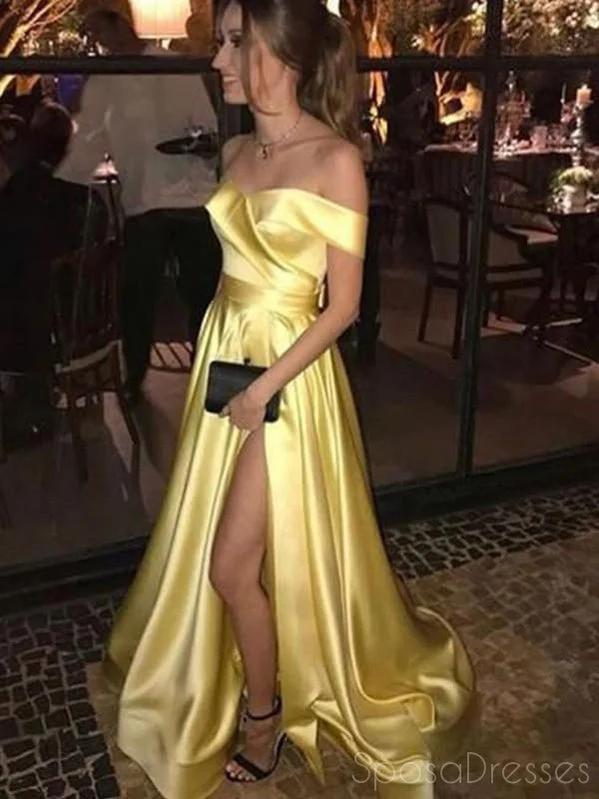 Classic evening dress -Unique Off The Shoulder Side Slit Prom Dresses, Sweet 16 Prom Dresses, 12414