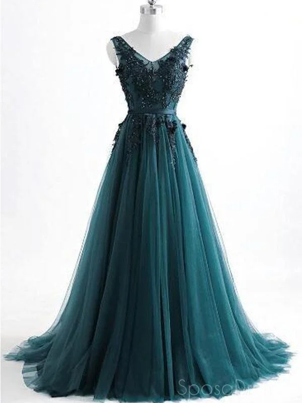 Long evening dress -V Neck Dark Green Cheap Long Evening Prom Dresses, Sweet 16 Prom Dresses, 12378