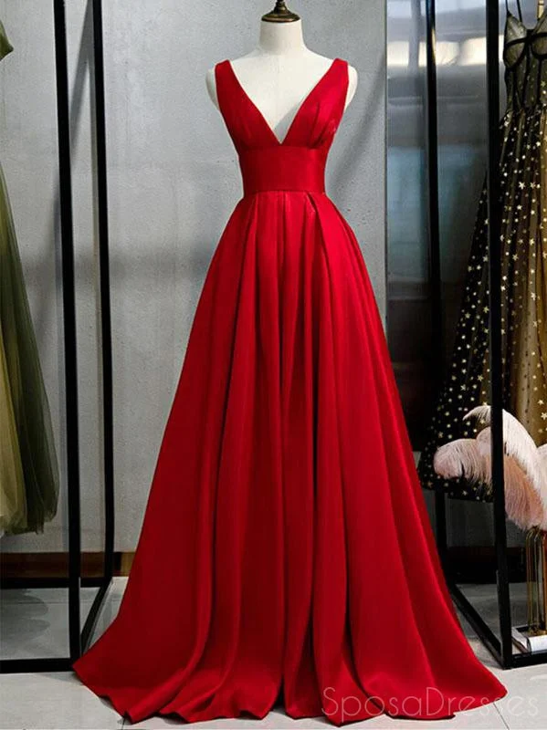 Evening dress with bow -V Neck Red Simple Cheap Long Evening Prom Dresses, Sweet 16 Prom Dresses, 12362