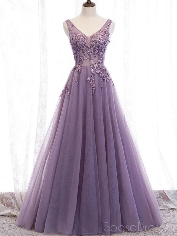 A-line evening dress -V Neck See Through Dusty Purple Long Evening Prom Dresses, Sweet 16 Prom Dresses, 12366